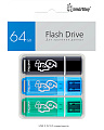 Комплект 3 шт USB 2.0 накопителей Smartbuy 064 ГБ серия Glossy Чёрный+Синий+Зелёный