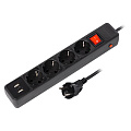 Сетевой фильтр c USB+Type C, 16А, 4 гнезда, c з/ш, с з/к, ПВС, 3 м, черный (SBSP-30C-K)