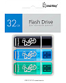 Комплект 3 шт USB 2.0 накопителей Smartbuy 032 ГБ серия Glossy Чёрный+Синий+Зелёный