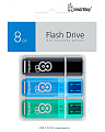 Комплект 3 шт USB 2.0 накопителей Smartbuy 008 ГБ серия Glossy Чёрный+Синий+Зелёный